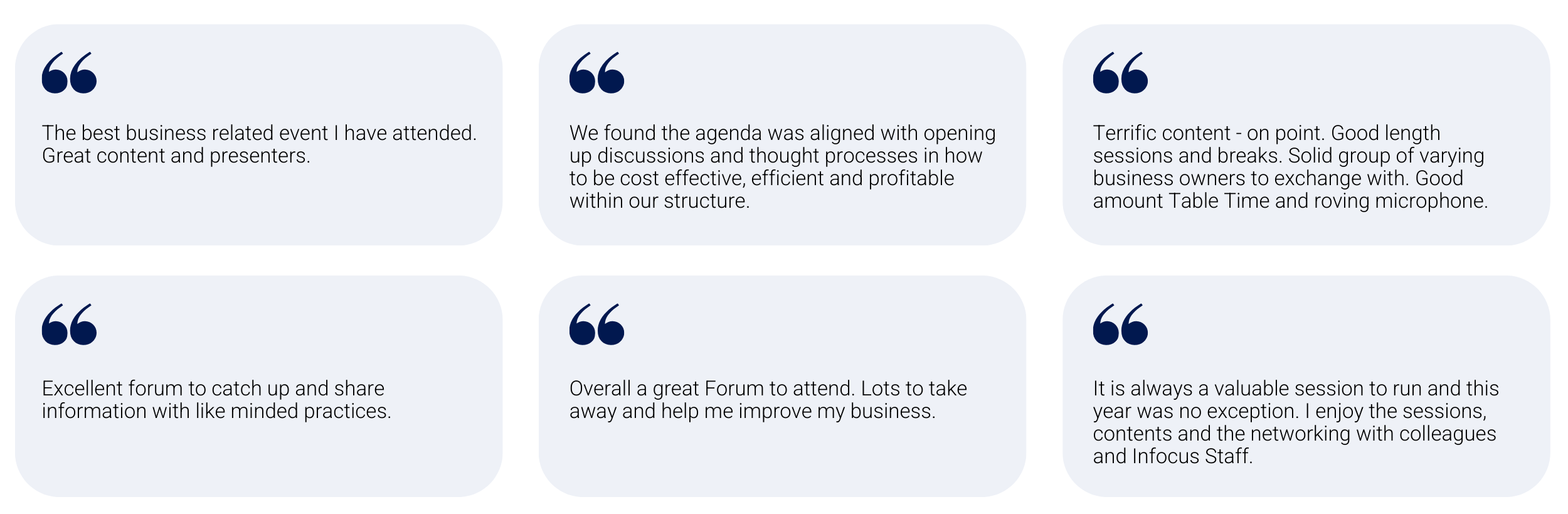 Excellent forum to catch up and share information with like minded practices. (1) Excellent forum to catch up and share information with like minded practices. (1)